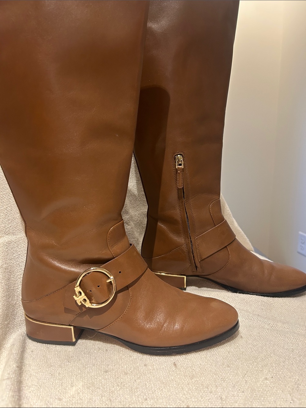 Tory Burch Women’s Tall Riding Boots with Gold Buckle - Brown